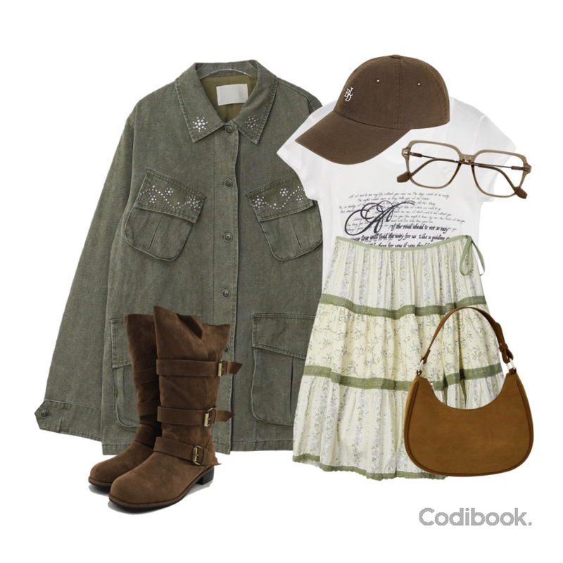 J-BLIN 키란 스웨이드 호보백,DAILYJOU 데즐리 폴딩 버클 스웨이드 하프 부츠,AAKE NERDY SQUARE GLASSES (4color)등을 매치한 코디