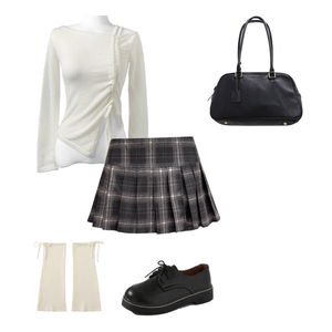 襪子,肩背包,約會,長袖上衣,格子裙 코디