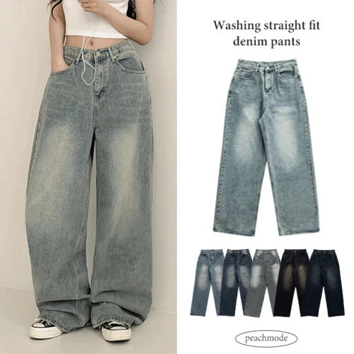 Beaver high waist straight fit Faded pocket wide denim pants