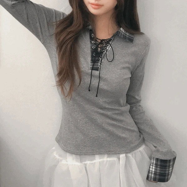 チェックアイレット配色カラー長袖2color