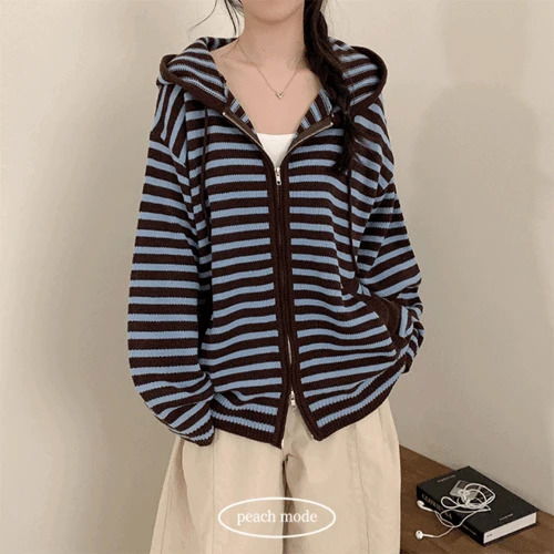 Ochen Loose-fit fit striped hood two-way knitwear zip-up, cardigan