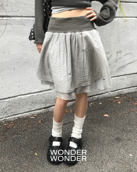 루리 스트라이프 배색 밴딩 쉬폰 이중 미디 플레어 스커트