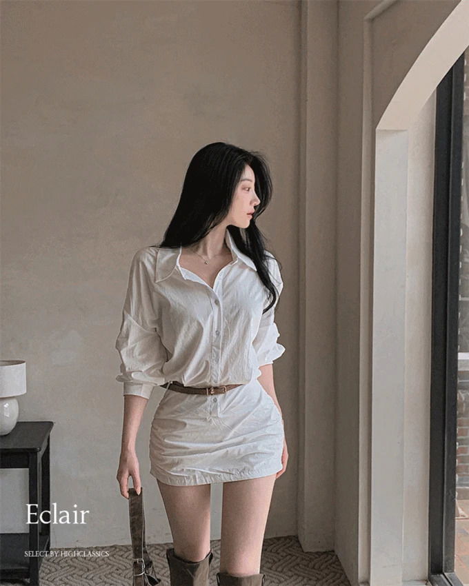Eclair collar neck button belt set shirring pleated long-sleeved shirt mini Dress