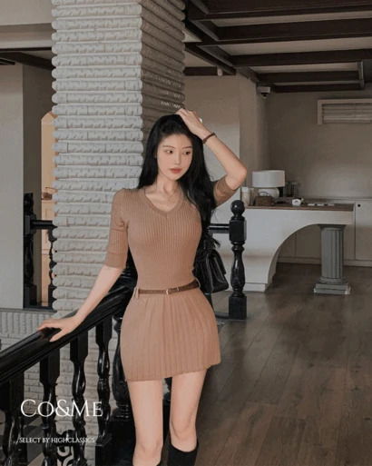코앤미 브이넥 슬림 쫀쫀 골지 플레어 a라인 벨트세트 5부 니트 미니 원피스