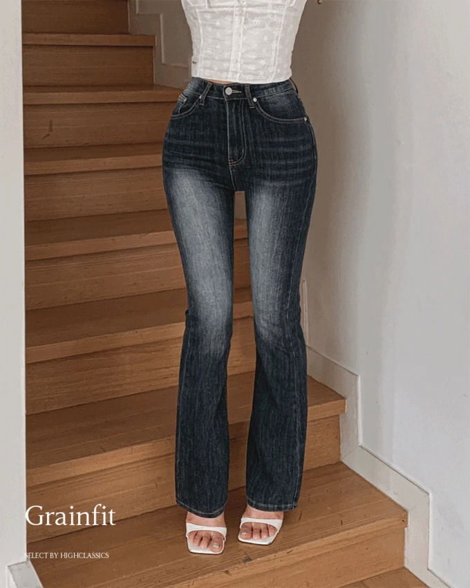 Grain-fit high-waist Faded Spandex 4-color, 3-length denim bootcut Flared long pants 牛仔裤