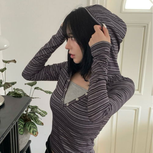 Striped henley neck hooded long-sleeved T-shirt