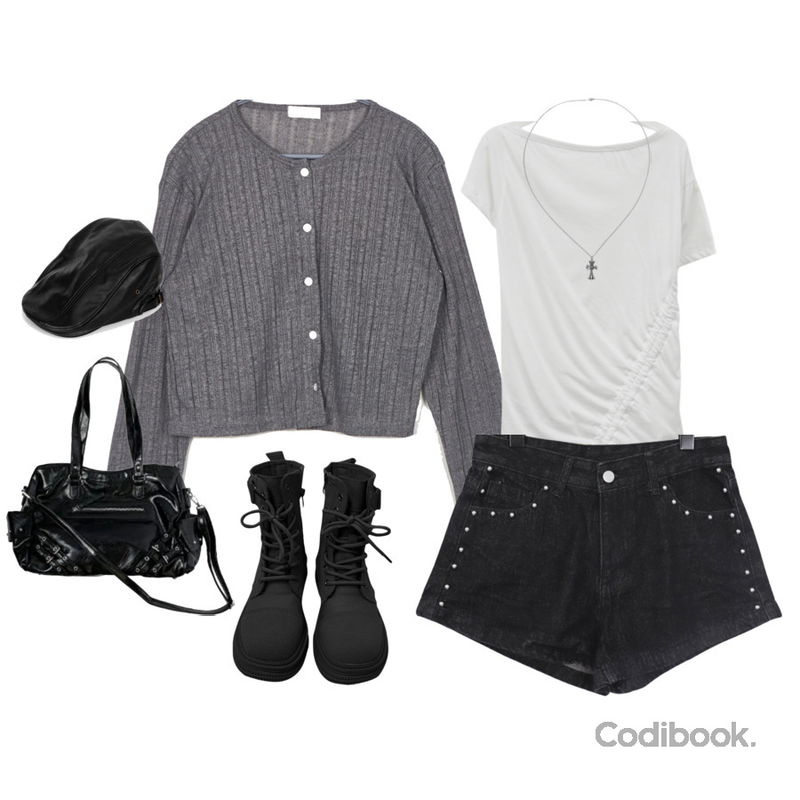 binary01 리베라 레더 헌팅캡,binary01 크로스 목걸이,anyonemore 리바 글로시 스터드 투웨이 보부상 크로스 숄더백등을 매치한 코디