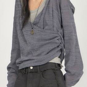 Shirring Wrap Hood Long Sleeve T-Shirt TS058