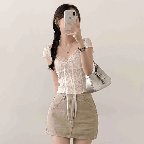 Vacation look cowgirl V-Neck lace ribbon short-sleeved blouse