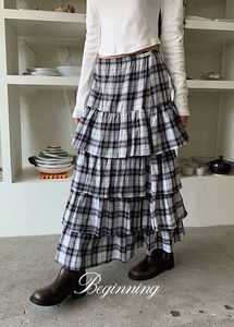 티어드 체크 밴딩 롱 스커트