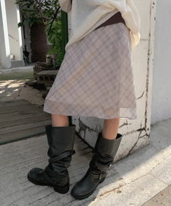 Er Check Layered Chiffon Midi Skirt