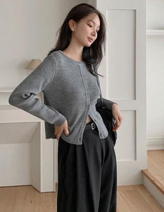 Plain Ribbed 2-Round Knitwear Cardigan