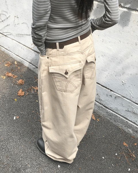 쿠킷 스트라이프 절개 벌룬핏 와이드 코튼 롱 팬츠