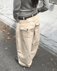 寬條紋拼接氣球寬版棉質長褲