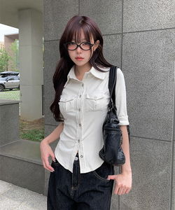 簡約口袋修身七分袖棉質襯衫