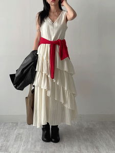 波希米亞風分層V領無袖長版洋裝