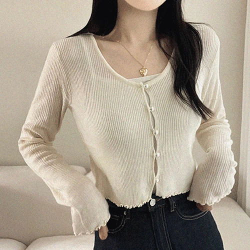 러블리 진주 버튼 물결 크롭 니트 가디건 4color