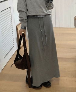 Lions A-line Ribbed side-slit banding long skirt - 3 colors