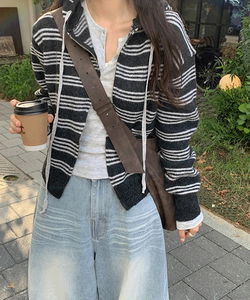 Heartiz Striped Knitwear Hooded Zip-up - 4 Colors