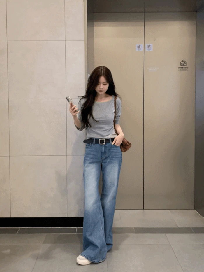 K Brush Faded Wide Flared Denim Pants