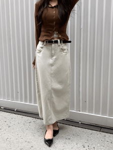 Stitched Cotton Back Slit Long Skirt (2 Colors)