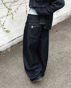 DB Studded Ching Pocket Balloon Fit Wide Denim Long Pants