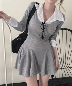 U領拼接襯衫層次傘擺針織洋裝