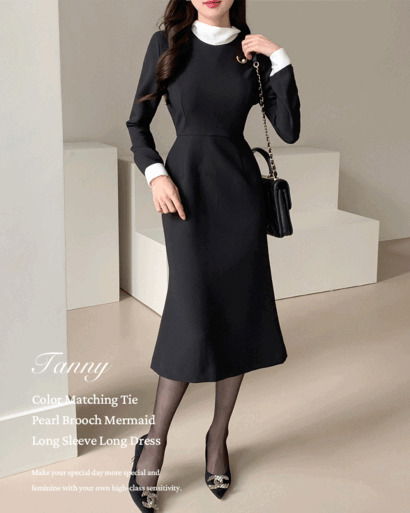 태니 배색 타이 진주 브로치 머메이드 긴팔 롱 원피스