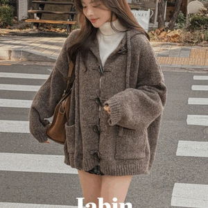 Jabin Christmas Hooded Tteokbokki Button Pocket A-Line Loose-fit Wool Knitwear Cardigan