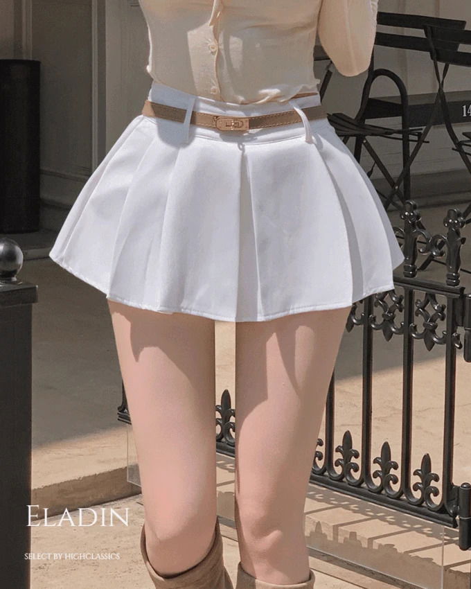 Eladin belt set, pleated A-line skirt, pants, and three-quarter mini skirt