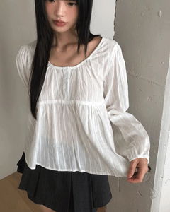 Gummy Stripe Button Round Neck Blouse