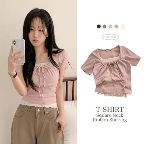 Washable Square Neck Ribbon Ribbed Shirring Layered Crop Short Sleeve T-Shirt (Ships Today) 短袖上衣