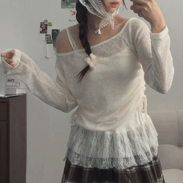 Personal one-shoulder ribbon shirring lace see-through knitwear set (3 colors)