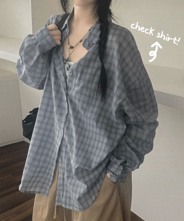 天空格紋領型長袖襯衫