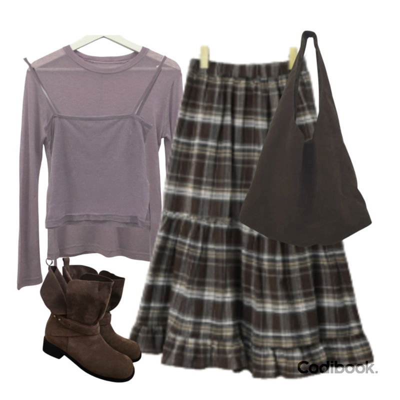 binary01 노나 체크 롱스커트,DUGGY 호퍼 스웨이드 숄더백 (2color),DUGGY 스터드 폴딩 스웨이드 부츠 (2color)등을 매치한 코디