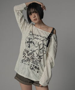 透視感不規則開肩長袖T恤