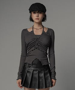 Halterneck shirring long-sleeved layered T-shirt