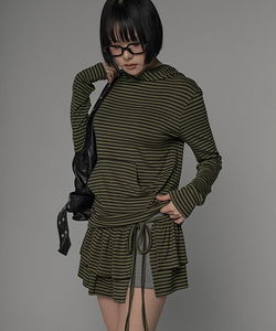 Lucky Dan Stripe Hoodie Long Sleeve T-Shirt Wrap Skirt Set