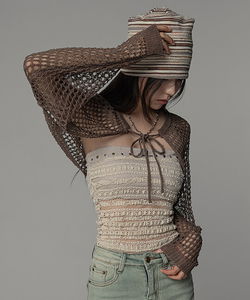 網眼織紋圓領短版針織外套