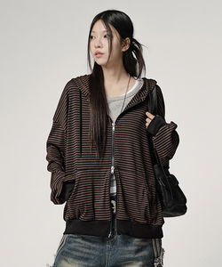 條紋寬鬆連帽雙面拉鍊外套