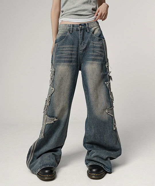 褪色破壞感寬版牛仔褲 STAR PATCH