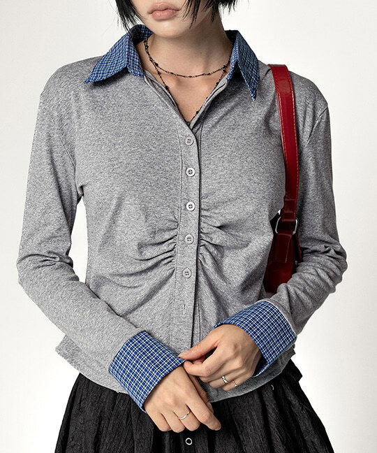 Cute Color Block Shirring Layered Long Sleeve Cardigan