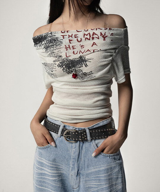 Pernidean Lettering See-Through Off-Shoulder Short-Sleeve T-Shirt