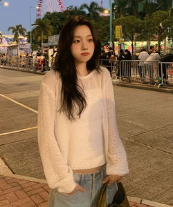 헤이론 백리스 리본 라운드 헤어리 긴팔 니트 -3color