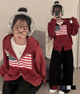 Big America Crack Print Two-Way Loose Loose-fit Hooded Zip-Up