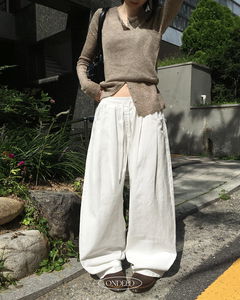ポヤバルーンフィットピンタックベルト付きワイドコットンロングパンツ