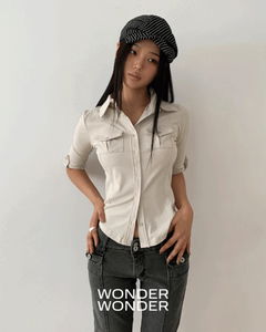 口袋捲袖釦領修身七分袖襯衫