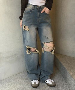 破壞感寬鬆長版牛仔褲