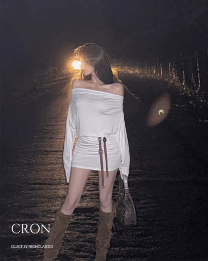 크론 오프숄더 셔링 드레이프 롱슬리브 긴팔 티셔츠 미니 원피스