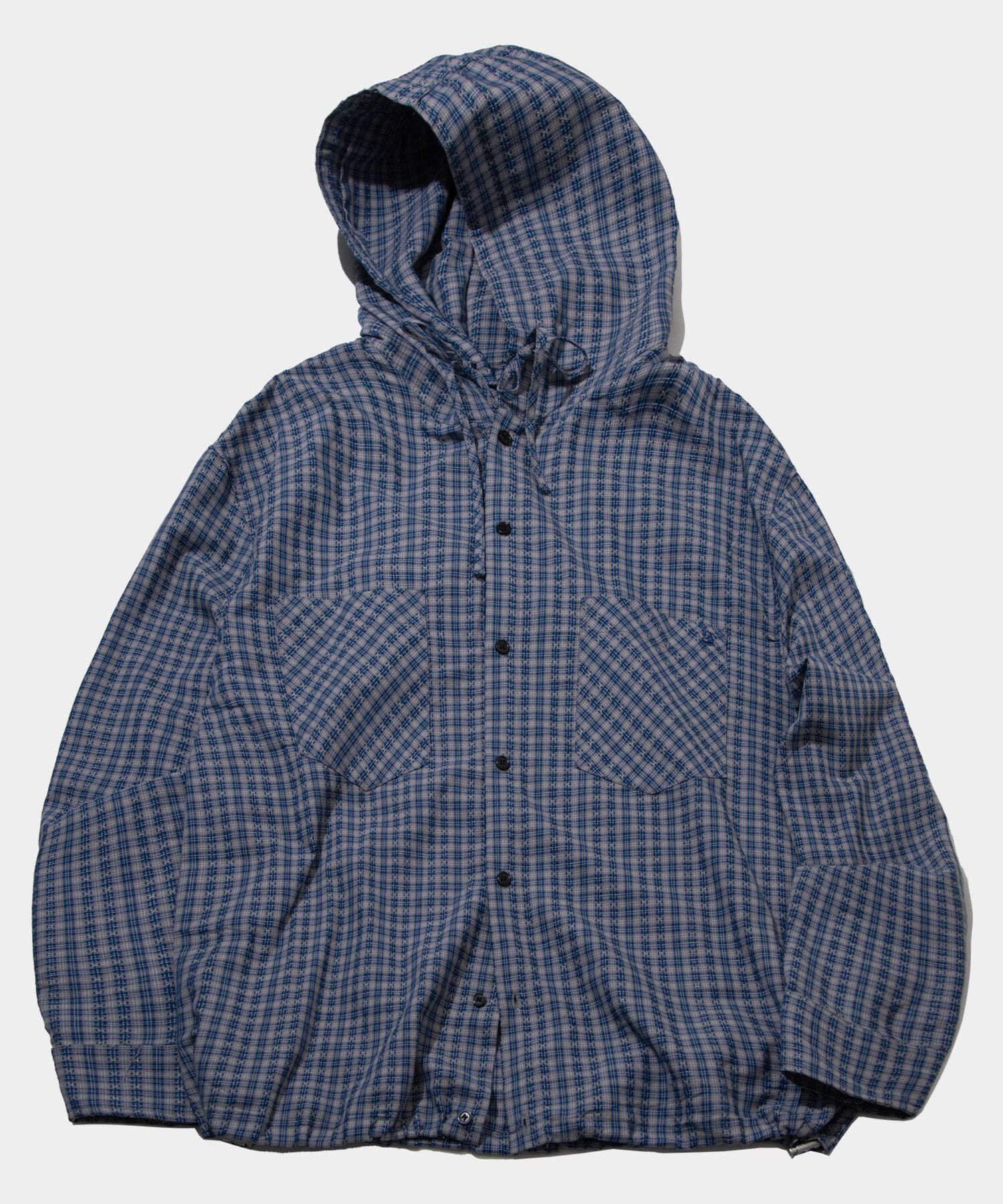 크로스 세미 오버핏 체크 빅포켓 코튼 후드셔츠